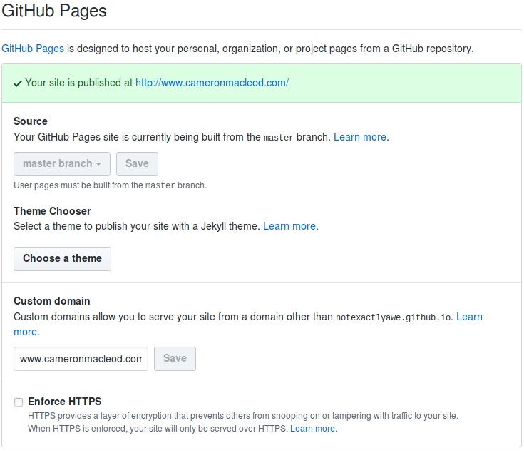 Screenshot of GitHub Pages settings